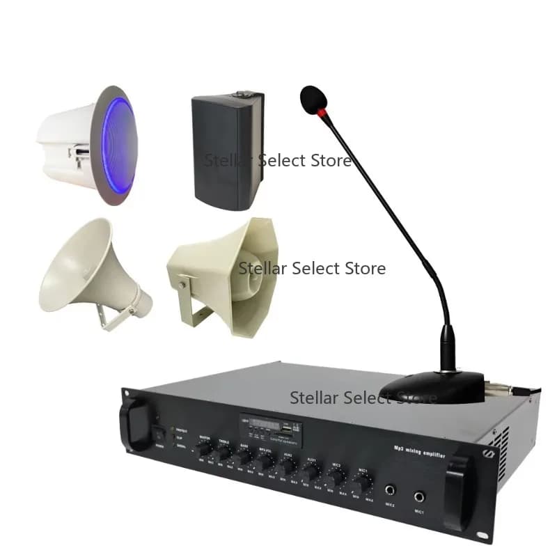 Full Set Mosque/School PA System Equipment MP3 Audio Power Amplifier and Aluminium Speaker Microphone Set