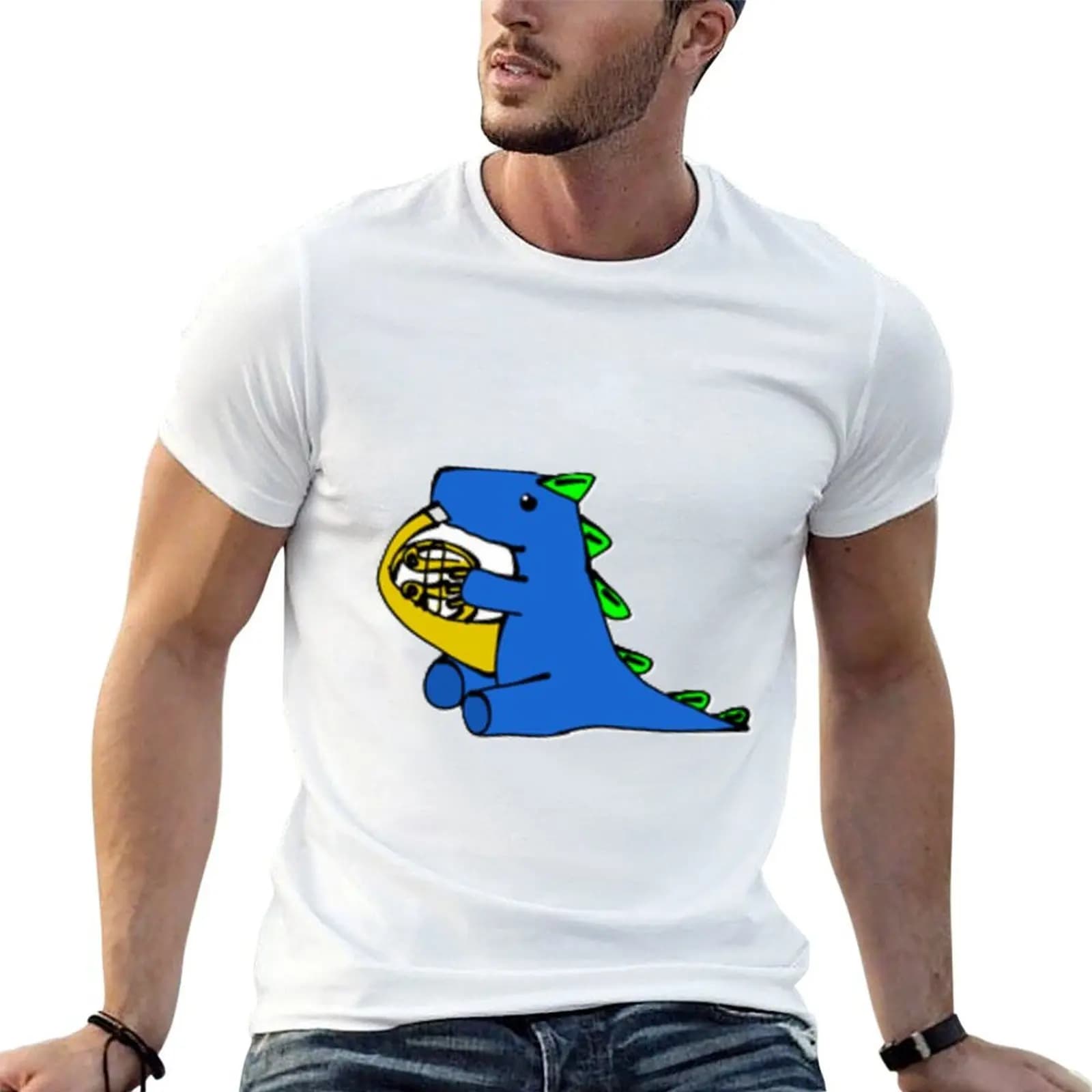 dino playing french horn T-Shirt Short sleeve tee cute clothes black t-shirts for men