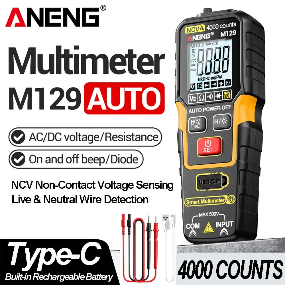 ANENG M129 Rechargeable Digital Multimeter 4000 Counts NCV AC DC Voltage Resistance Meter With Flashlight Auto Range