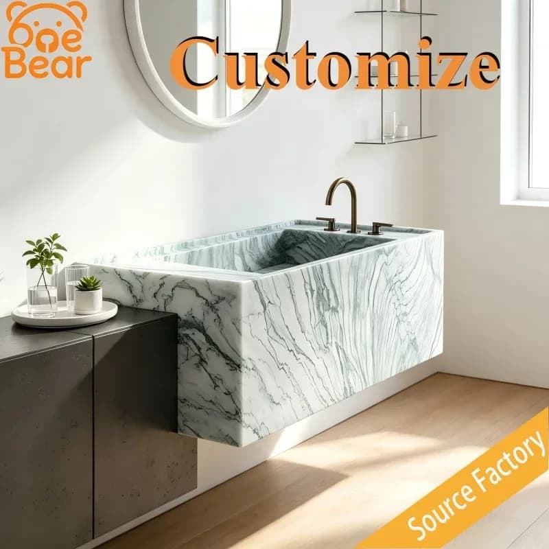 Luxury Green Natural Marble Wall Hung Integrated Sink, Solid Stone Wash Basin with Natural Veins for Modern Home Bathroom