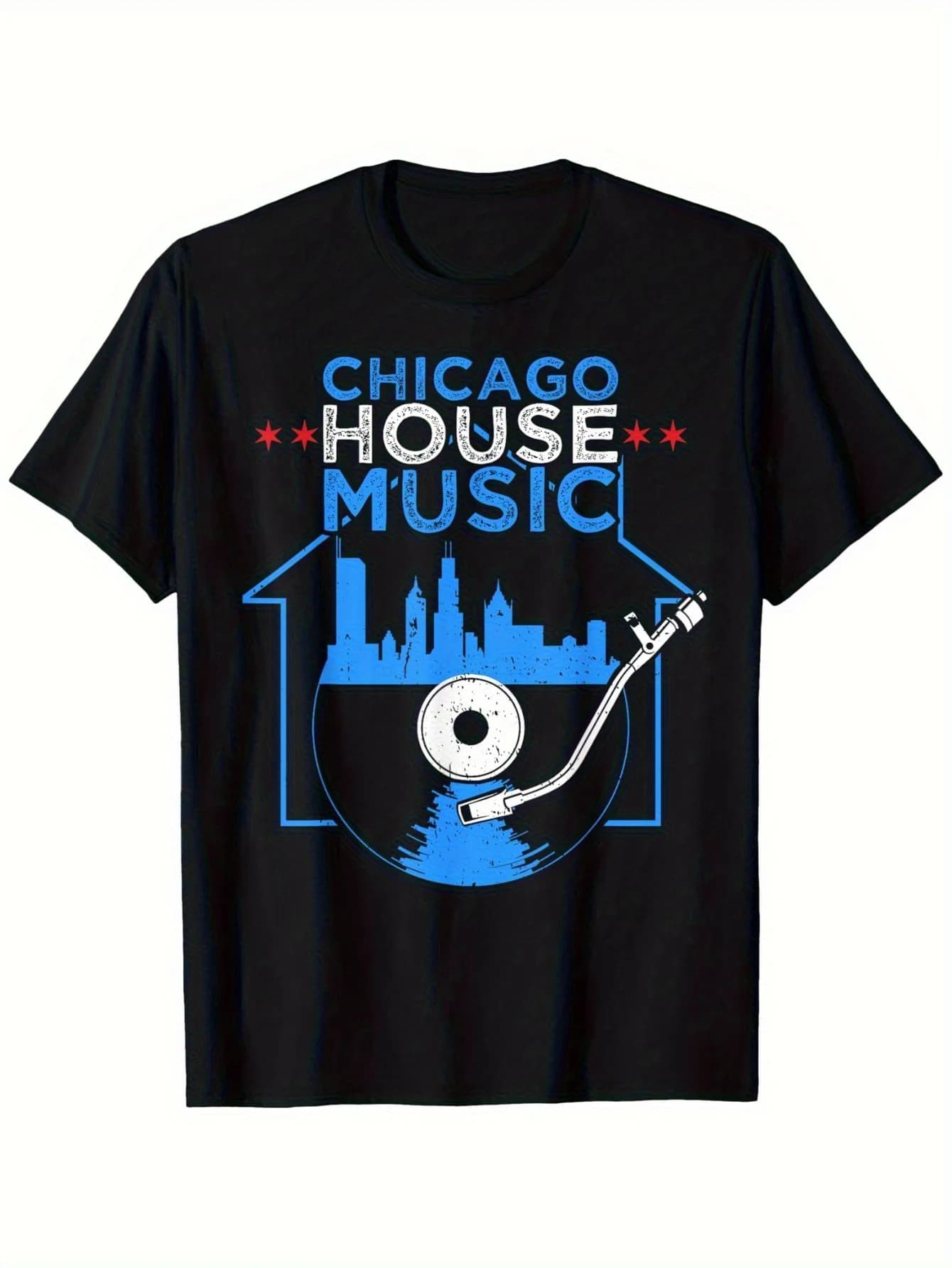 Vintage Chicago House Music Print with Vinyl & Skyline T-Shirt 100% Cotton O-Neck Short Sleeve Summer Casual Mens T-shirt