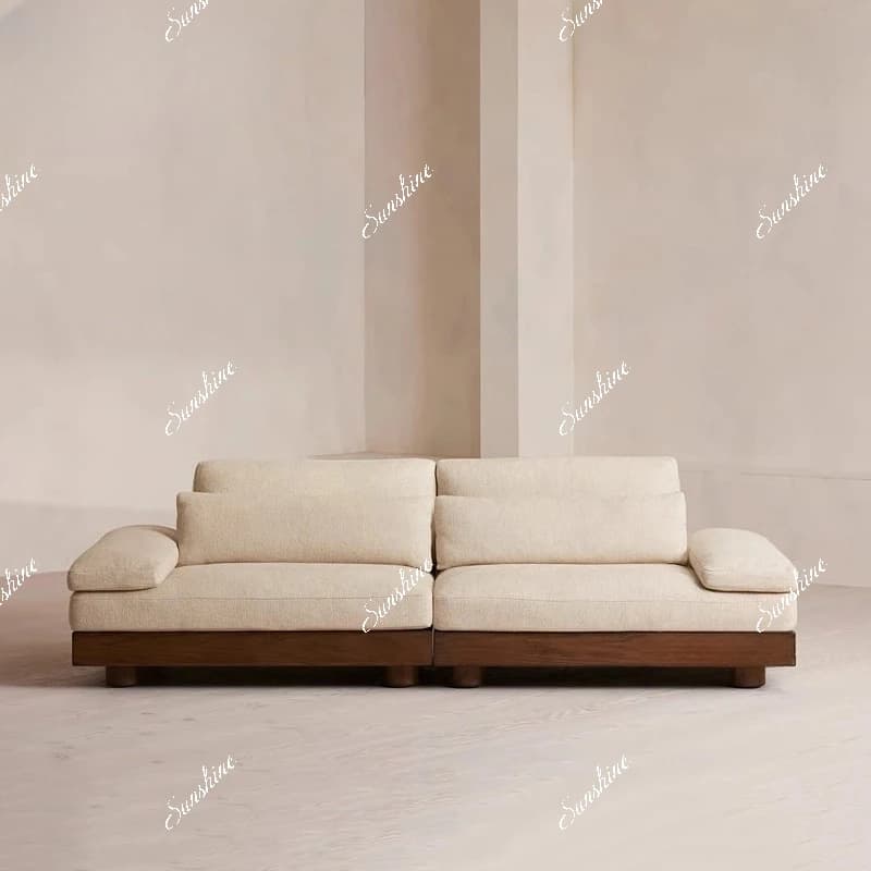 Medieval solid wood living room fabric three-person straight row cotton and linen sofa