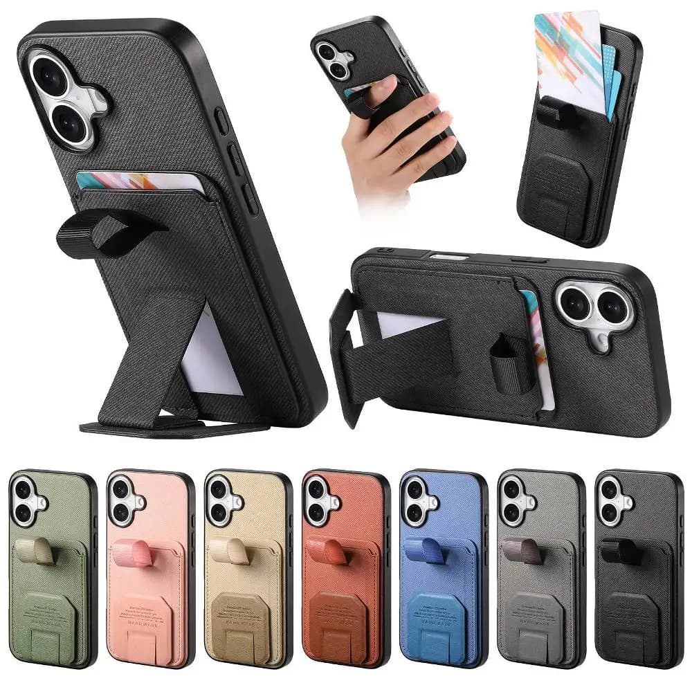Solid Color Leather Hide Bracket Phone Case for iPhone Air 17 16 15 14 Plus 13 12 11 Pro Max with Back Card Slots