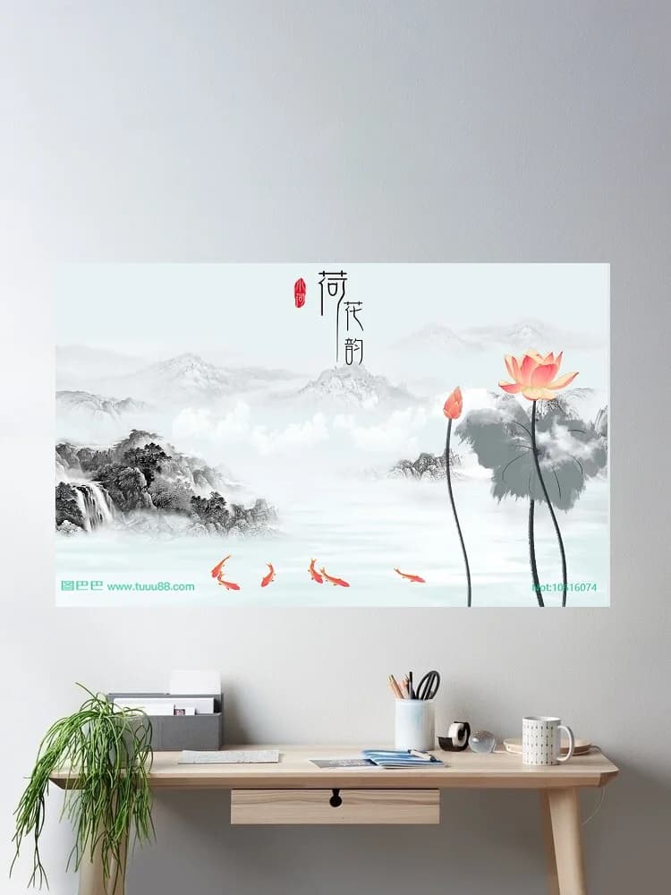 Goldfish Lotus landscape scenery, Print Art Canvas Poster, For Living Room Decor, Home Wall Picture