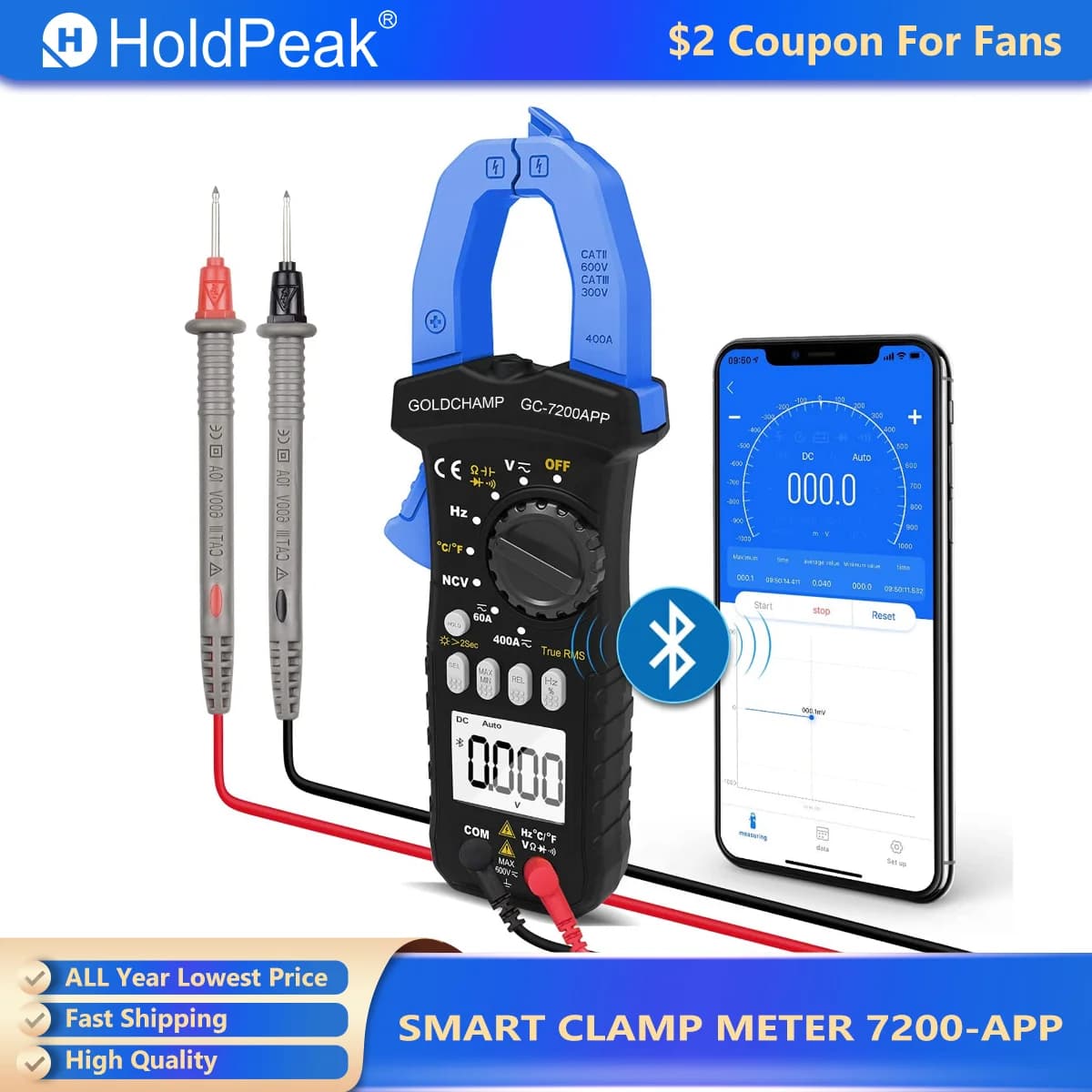 Wireless Bluetooth Clamp Meter HP-7200APP 6000 Count Auto Range Bluetooth Clamp MultimeterDC/AC True RMS Continuity Buzzer Meter