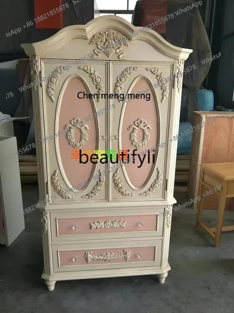 D178  French solid wood old double door wardrobe carved retro girl room pink locker