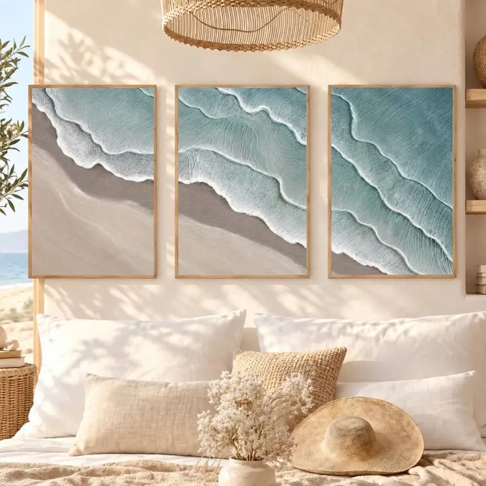 Turquoise Coastal Waves Painting Calligraphy 3 PCS Canvas Wall Art Prints for Living Room Modern Vintage Poster Decals Decor