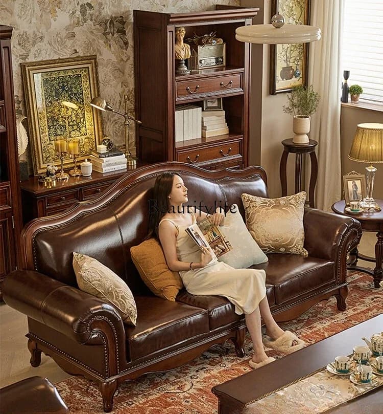American neoclassical gold silk teak all solid wood leather sofa combination