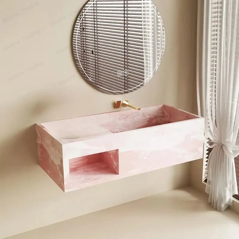 Certified Premium Mid-Century Wall Vanity: Natural Rosy Quartz Marble w/Scratch-Resistant Ultra Narrow Rim Deep Undermount Basin