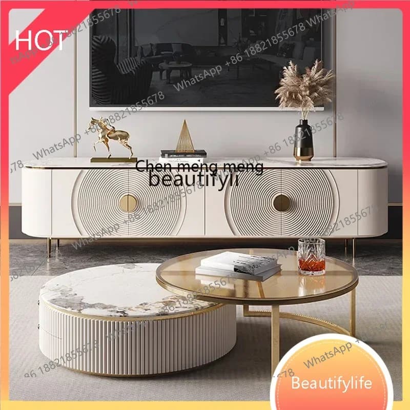 A  Light luxury rock slab coffee table TV cabinet Living room household tea table TV cabinet MinimalistSS 8617