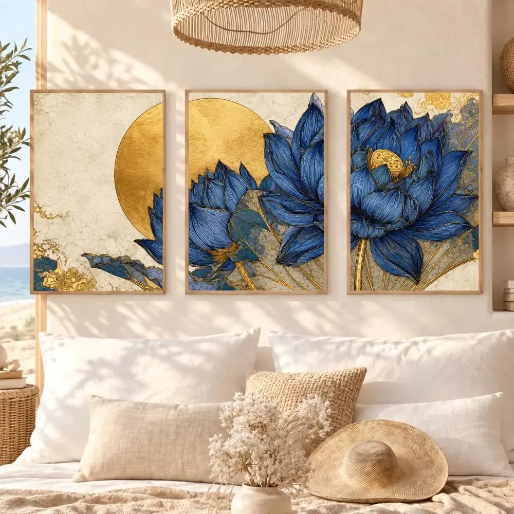 Japanese Blue Lotus Gold Moon Painting Calligraphy 3 PCS Canvas Wall Art Prints for Living Room Modern Poster Decals Decor