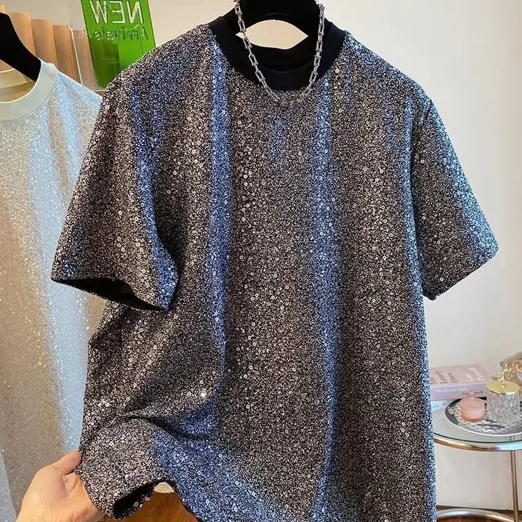 Sequin T-shirt Men's Chic Shirt Shiny Short Sleeve Shirt O Neck Loose Tee Pullover Men's Party Clothing Hip Hop Streetwear