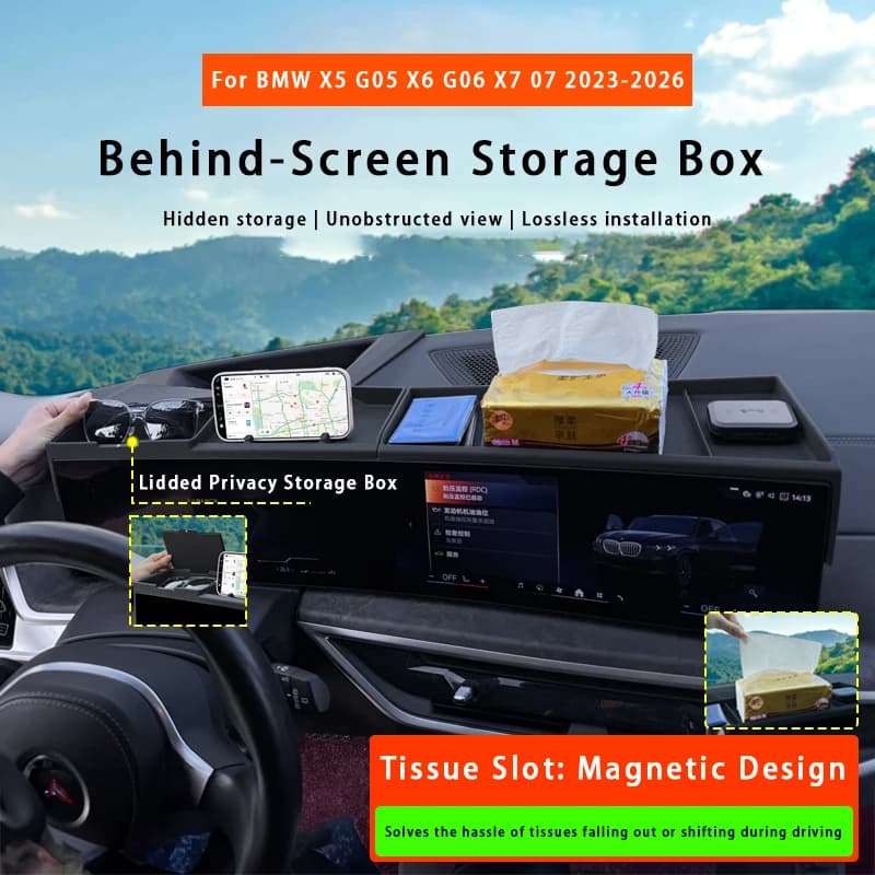 Central Control Navigation Behind Screen Storage Box For BMW X 5X6 X7 2023+ Dashboard Organizer Non-slip Tray Car Accessories