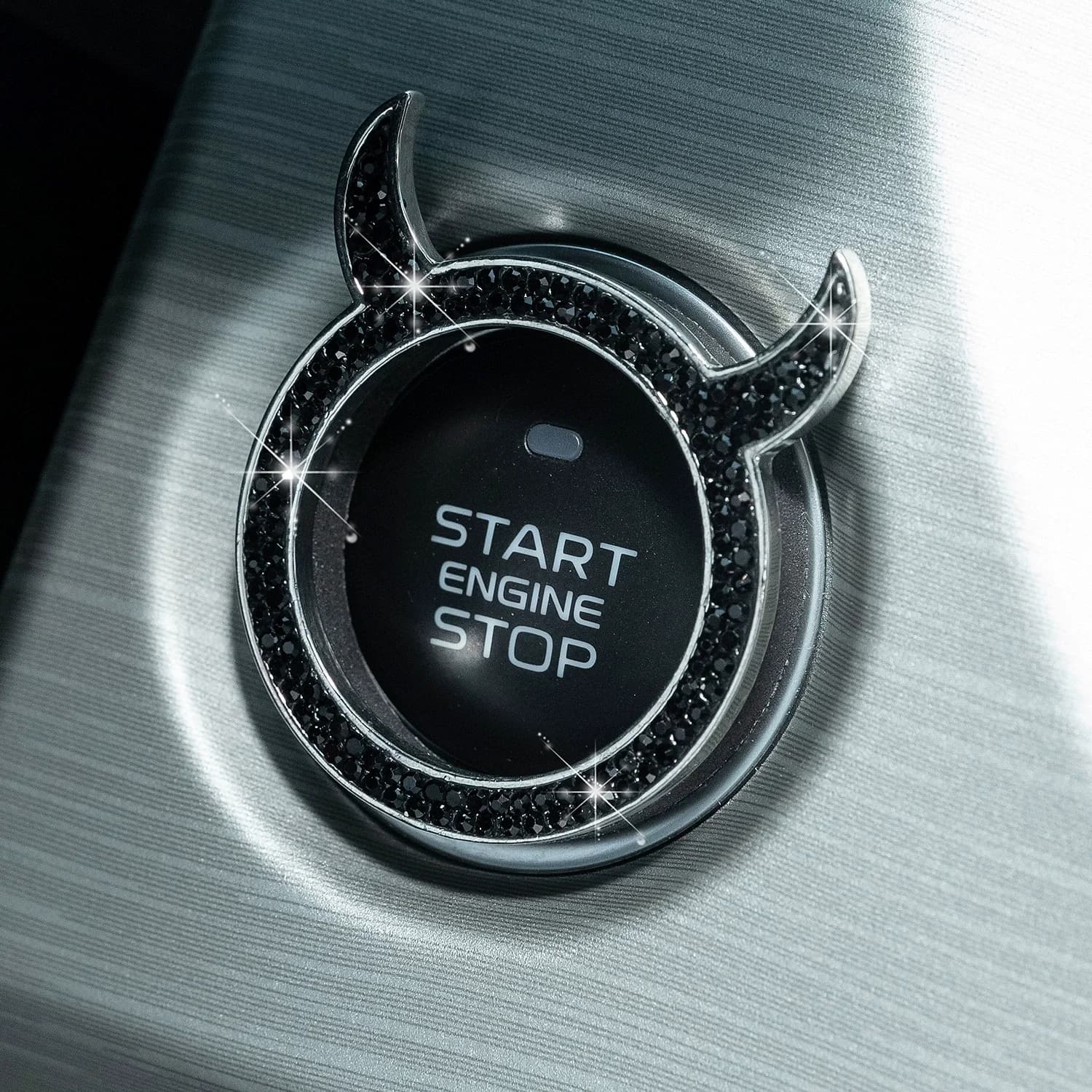 Hot Sale Devil Horn Bling Rhinestone Car Start Stop Button Cover, Black Crystal Engine Ignition Switch Ring Sticker