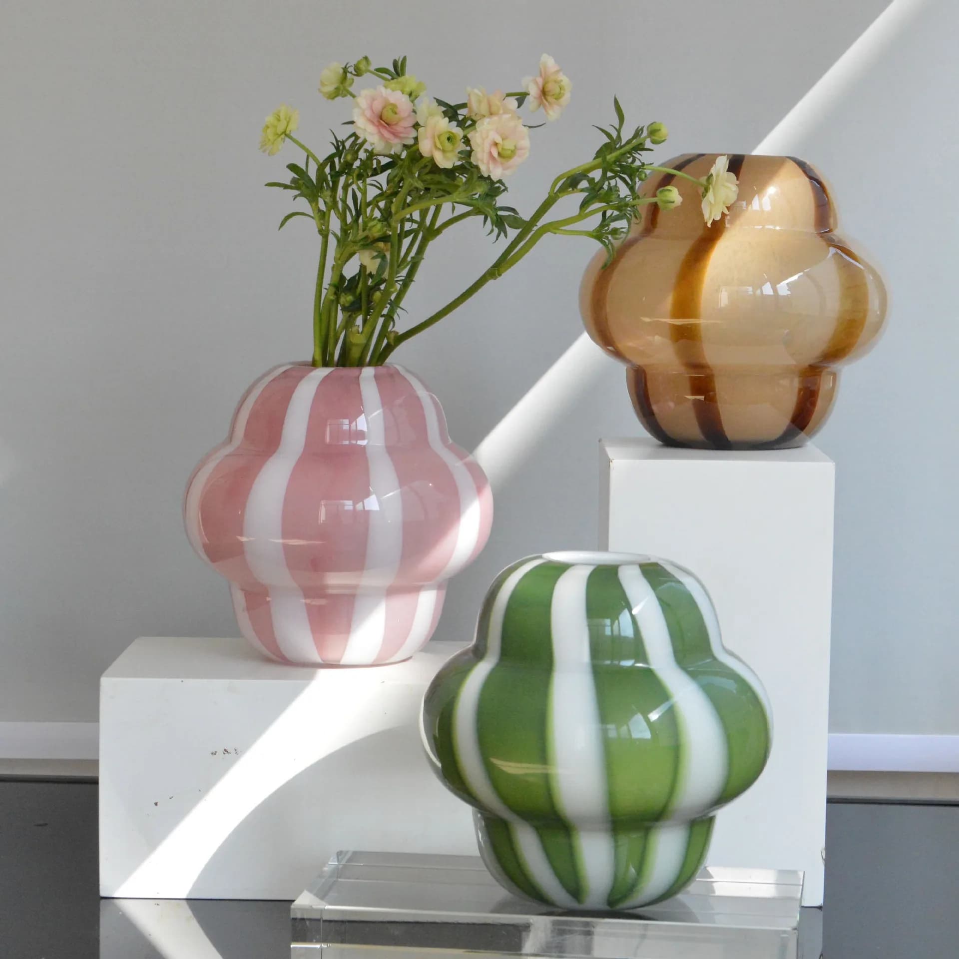 Retro Striped Cloud Pumpkin Glass Vase, Hydroponic Flower Container, Tabletop Ornament, Aesthetic Living Room Home Decoration
