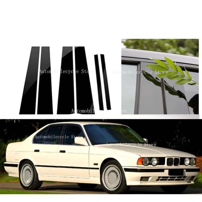 6PCS  Glossy Black Pillar Posts Fit For  BMW 5-Series E34 1987-1992 1993 1994 1995 1996 Window Moulding B C Center Sticker Cover
