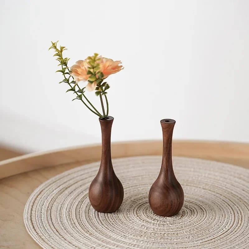 HeMu Creative Vase, Minimalist Walnut Wood Vase - Small Handmade Wooden Flower Vase for Tea Room, Bedroom & Living Room Decor