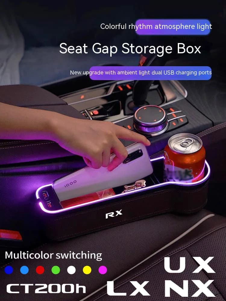 For Lexus Fsport CT200h ES GS GX IS LS LX LX470 LX570 LM NX RX UX Car LED 7 Colors Adjustable Seat Gap Crevice Slot Storage Box