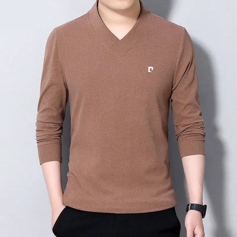 2023 Autumn and Winter Minimalist Casual Loose V-neck Solid Long Sleeved Men's Pullover Oversized Double-sided Velvet T-shirt