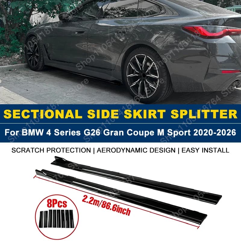 2.2M/86.6" Side Skirts Extension Rocker Panel Splitter For BMW 4 Series G26 Gran Coupe M Sport 2020-2026 2021 2022 ABS Plastic