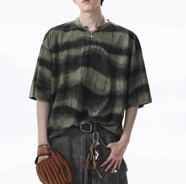 American Heavy Striped Short-sleeved T-shirt Men's 2026 New Summer Scratch Design Loose Half-sleeve