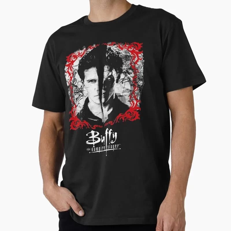 Buffy Inspired T-Shirt, Vintage Vampire Slayer Graphic Tee, Retro Horror TV Series Print Short Sleeve Casual Shirt Angel Embrac