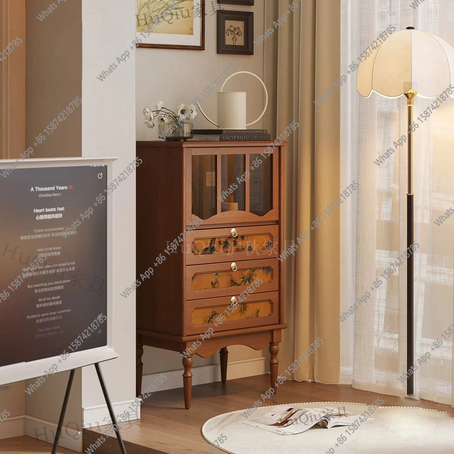 French retro upturned antique fragrant cloud yarn solid wood side cabinet next to living room TV cabinet