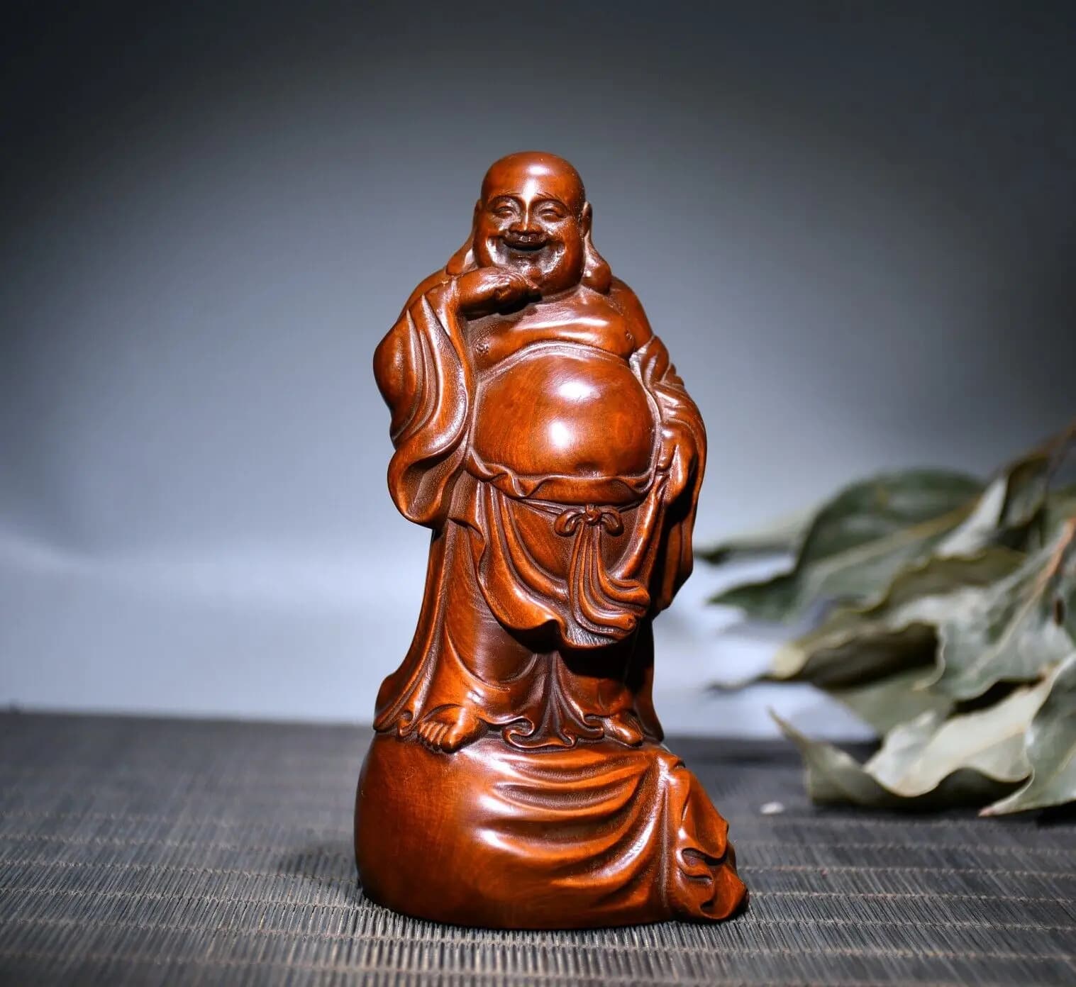 4.7" Chinese Box-wood Hand Engraving Buddhism Moneybag Maitreya Buddha Statue