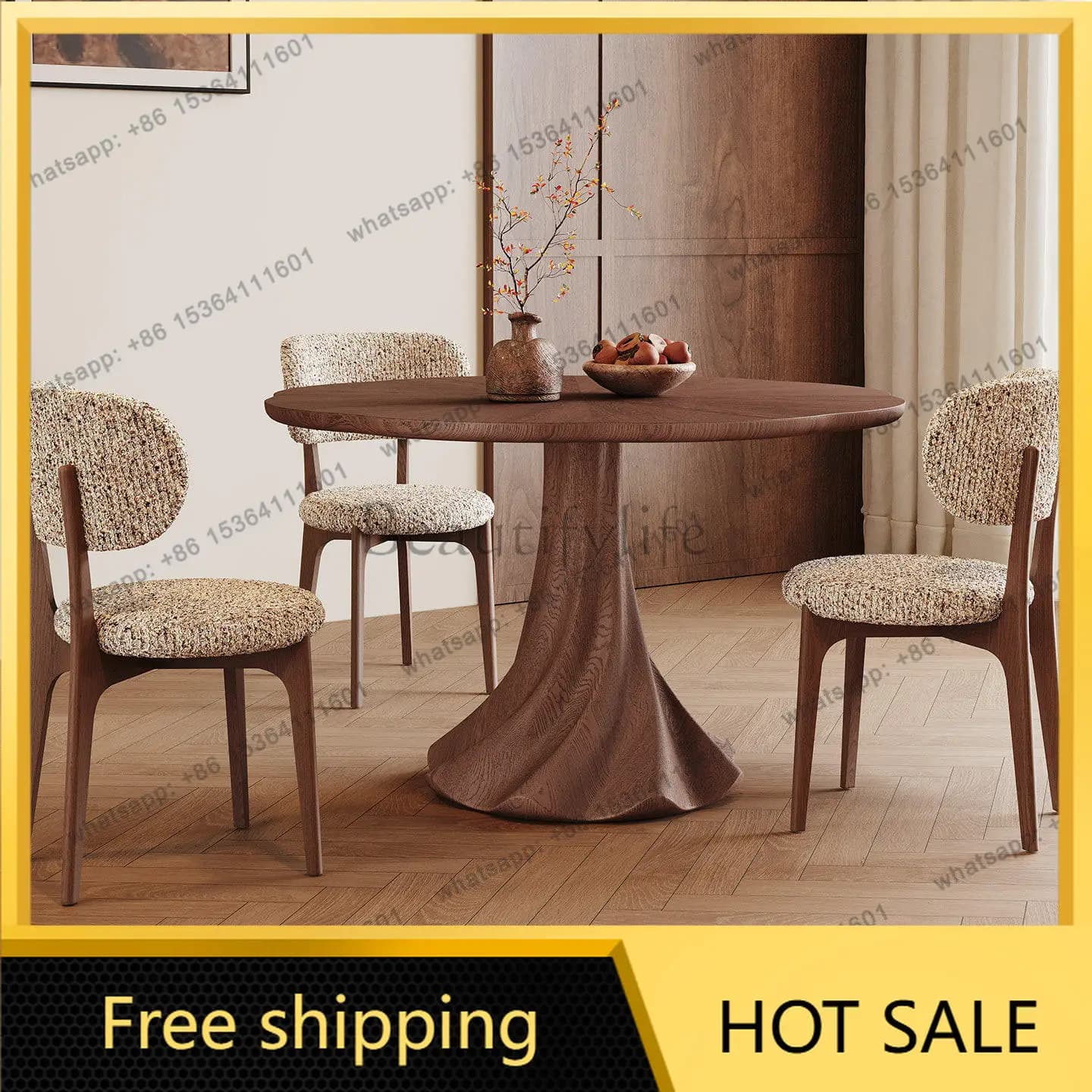 XX. Medieval solid wood round dining table walnut small apartment household dining table