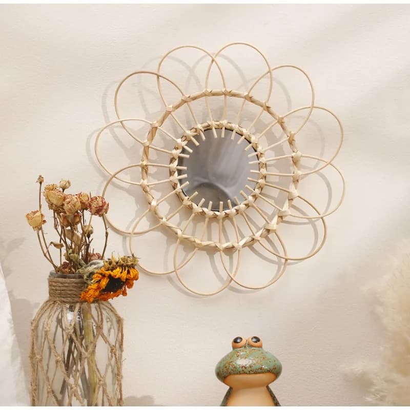 Hanging Mirror Rattan Sunflower Circular Wall Decorative Mirror Decor Hand Woven Rattan Mirror Boho Home Decor Wall Decor Gift