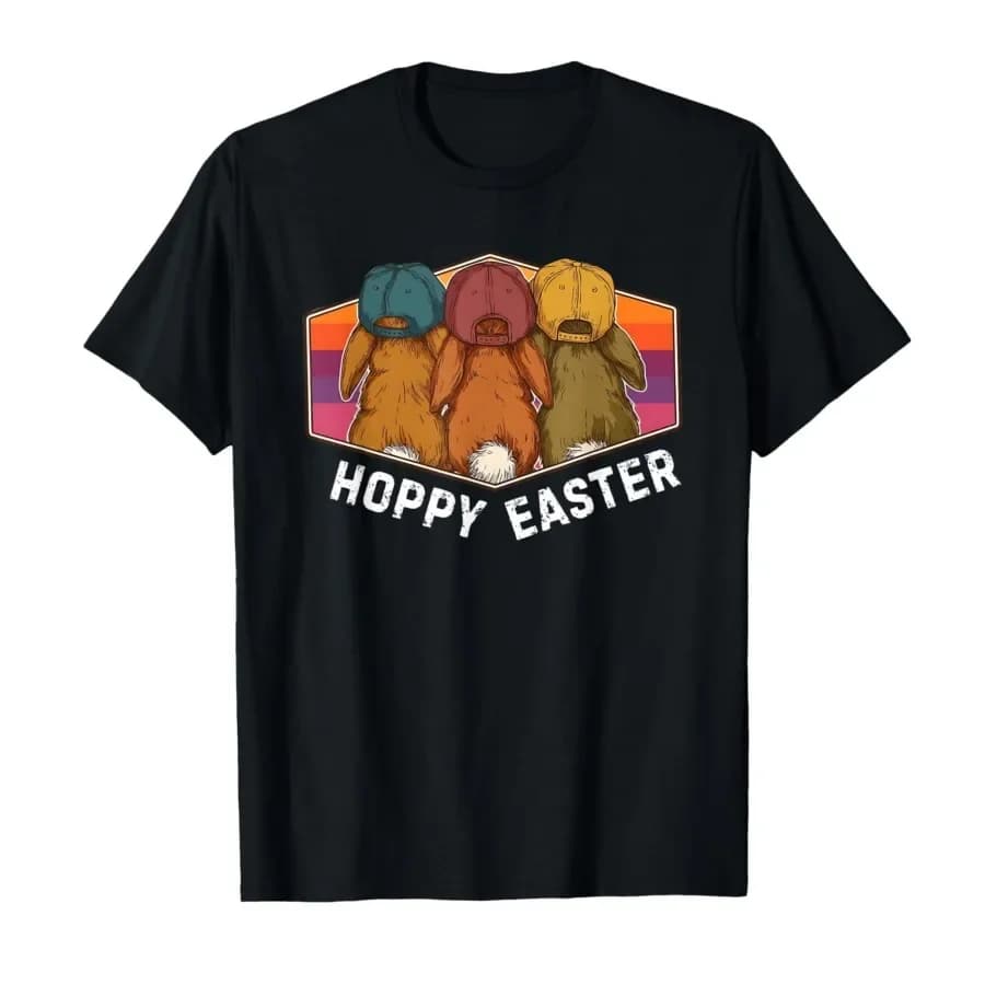 Hoppy Easter Retro Sunset Easter Bunny Squad Crew Matching T-shirt For Men Women 100% Cotton T Shirts Short Sleeve Tops 0403-1