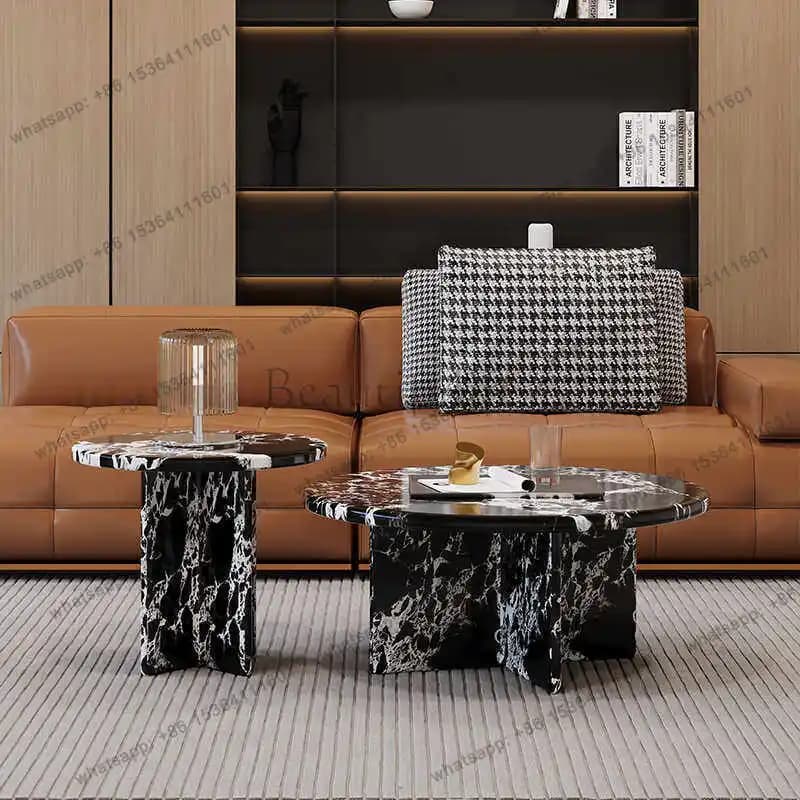 Modern light luxury marble black round coffee table size combination is minimalist