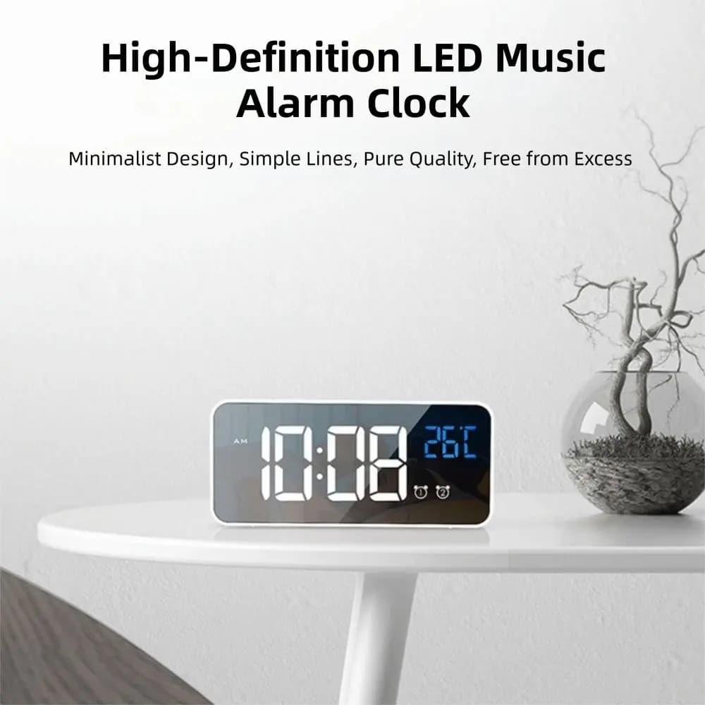Mirror LED Digital Clock Voice Control Music Function Music Alarm Clock Temperature Display 12/24H Desk Clock Bedside Use