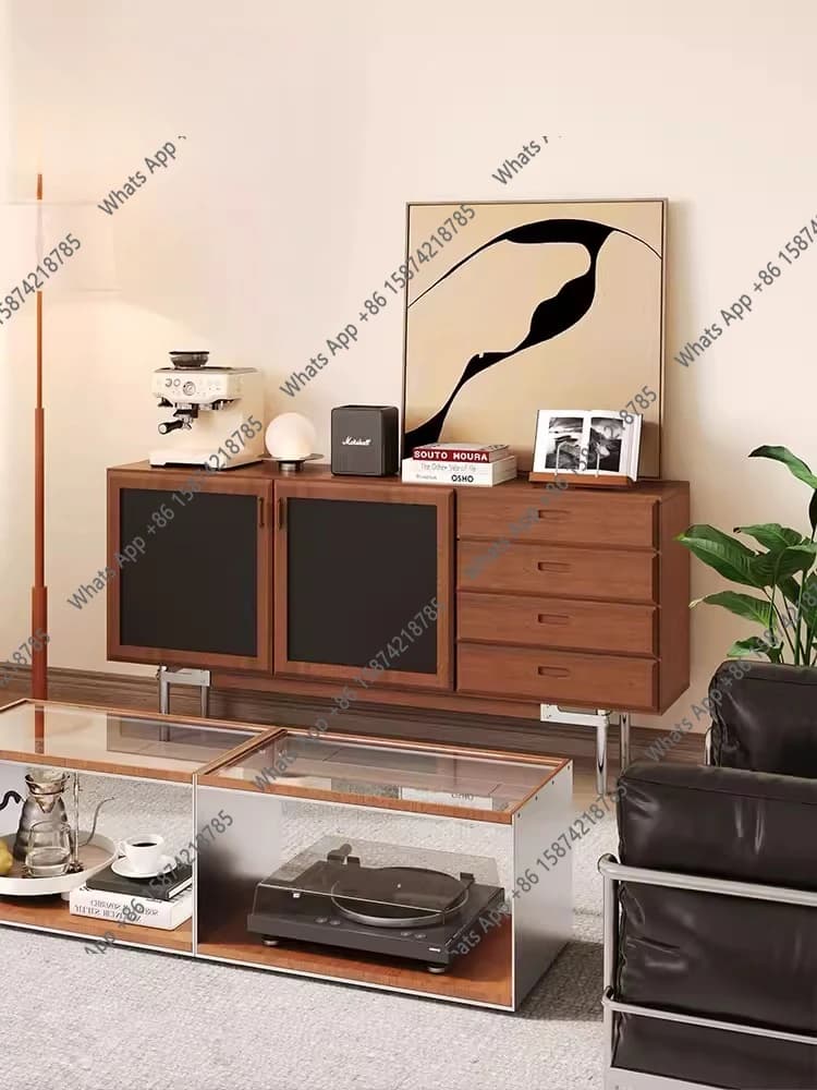 Medieval solid wood TV cabinet, high cabinet integrated with wall living room, new household storage locker small apartment
