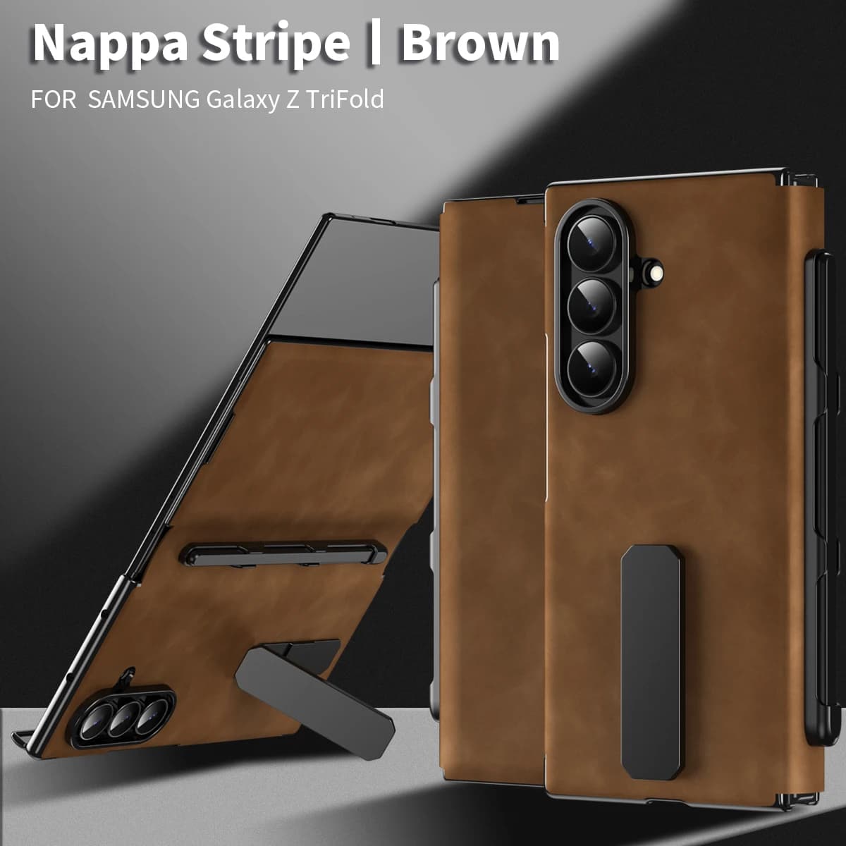 Luxury Leather Texture Case with Pen Slot, Alloy Kickstand, Stylus, Shockproof & Anti-Fingerprint Cover for Samsung Z TriFold