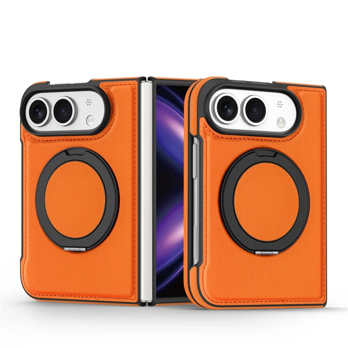 For Magsafe For iPhone Duo Case Luxury Matte Leather Magnetic Rotating Ring Holder Shockproof Protection Back Cover Accessories