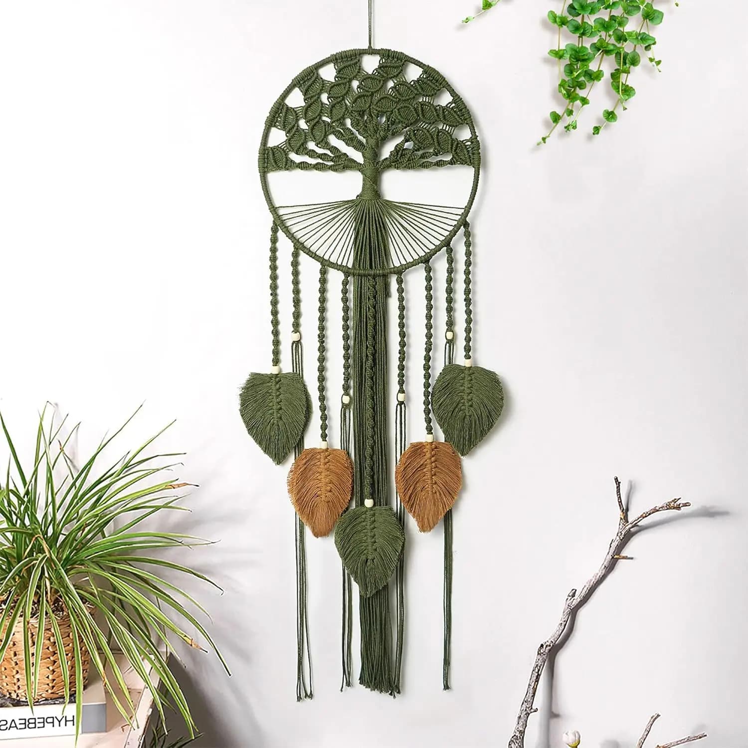Green Hand Woven Tree Of Life Wall Hanging Bohemian Dream Catcher Net Decorative Tapestry, Holiday Gift.