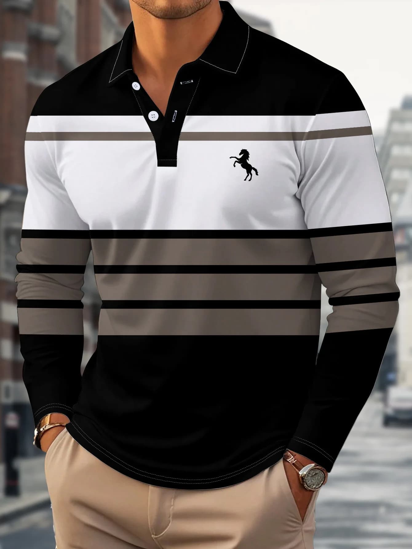 Fashion Men's Golf Polo Shirts Classic Stripe Printed Long Sleeve Tops Daily Casual Shirt Outdoor Men's Sportswear Trend Clothes