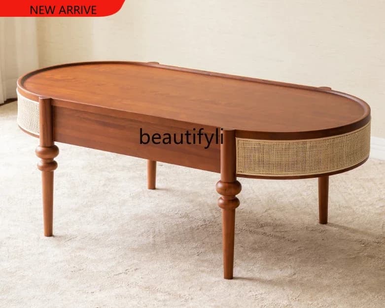 X American-Style Retro Oval Solid Wood Rattan Tea Table Drawer Storage Small Apartment Living Room Low Table