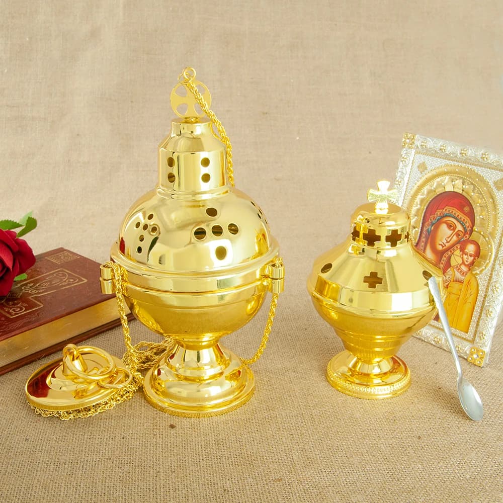 HTISOK Church Supplier High Polished Gold Plated Hanging Incense Burner Orthodox Censer Church Home Decoration Catholic Chalice