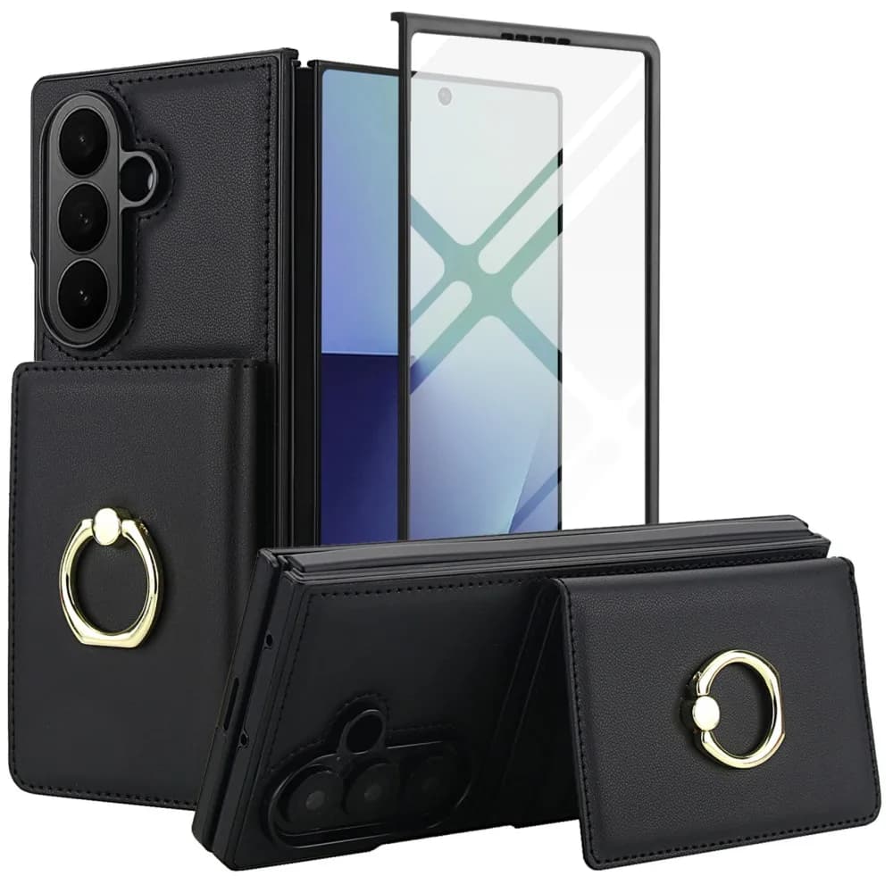 Card Holder Phone Case For Samsung Galaxy Z Fold 7 6 5 5G Front Protection Film Shell Ring Back Cover