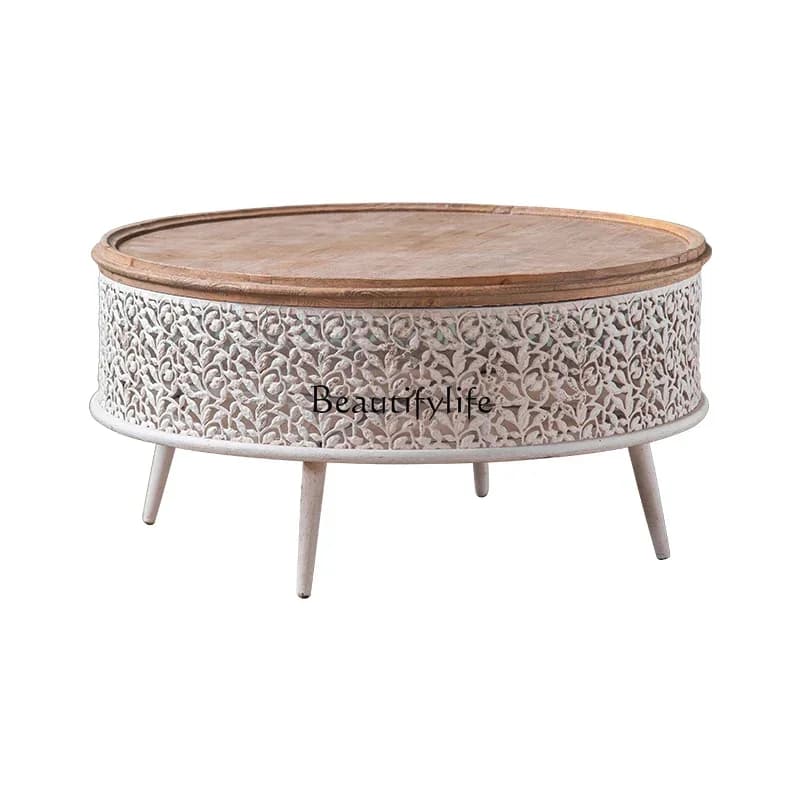 yj58 Retro solid wood coffee table wrought iron small apartment living room home carving hollow round table creative side table