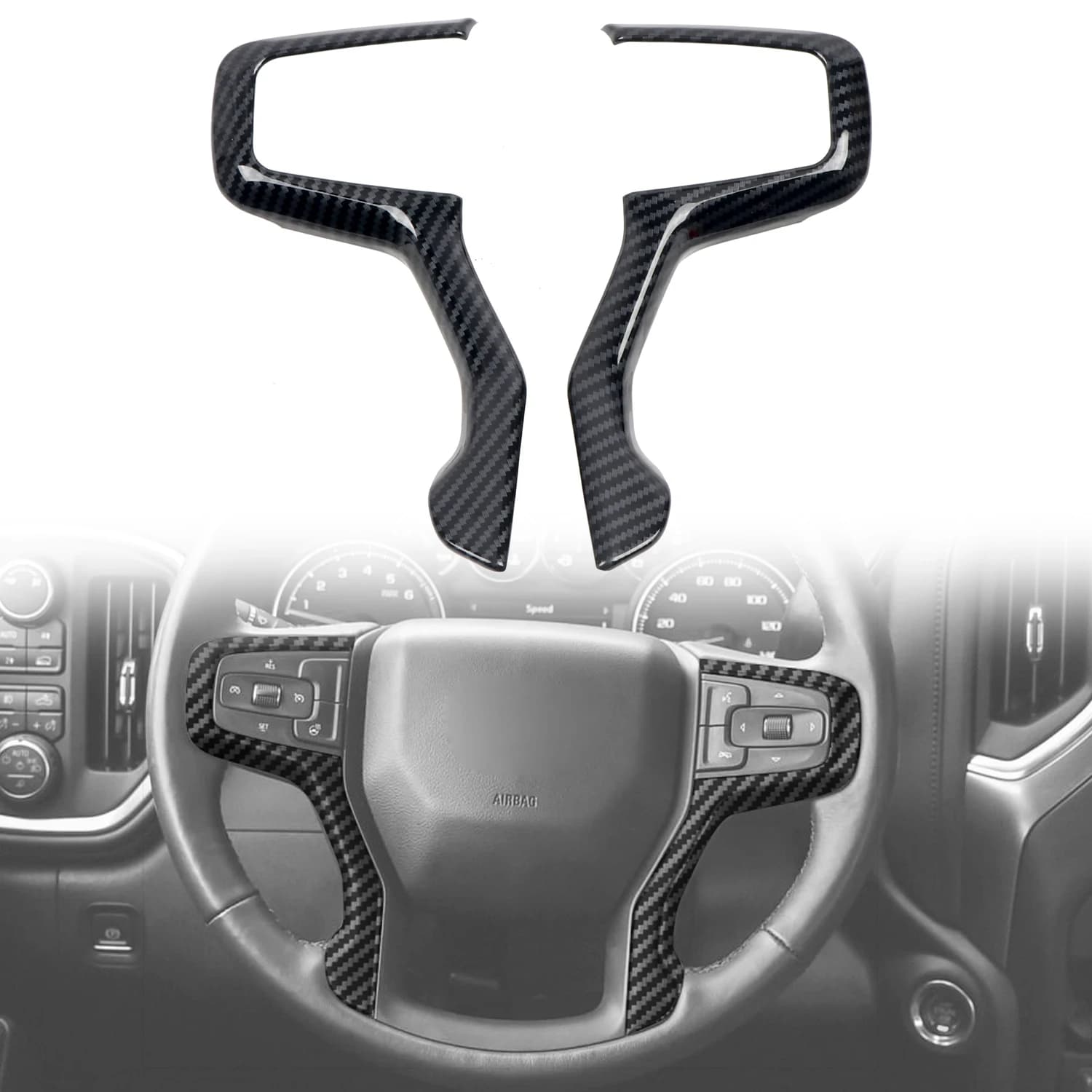 For Chevrolet Silverado 1500 2019 2020 2021 2022 2023 Car Accessories Carbon Fiber Style Steering Wheel Button Cover Trim 2pcs