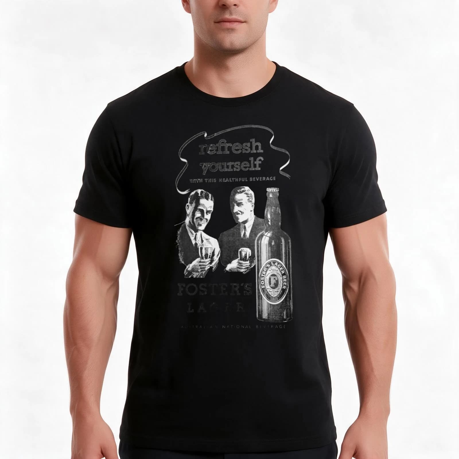 FOSTERS T-Shirt, Summer Casual Cotton Tee, Oversized Streetwear Tops, Vintage Graphic Print, Loose Fit Short Sleeve, 100% Cotton