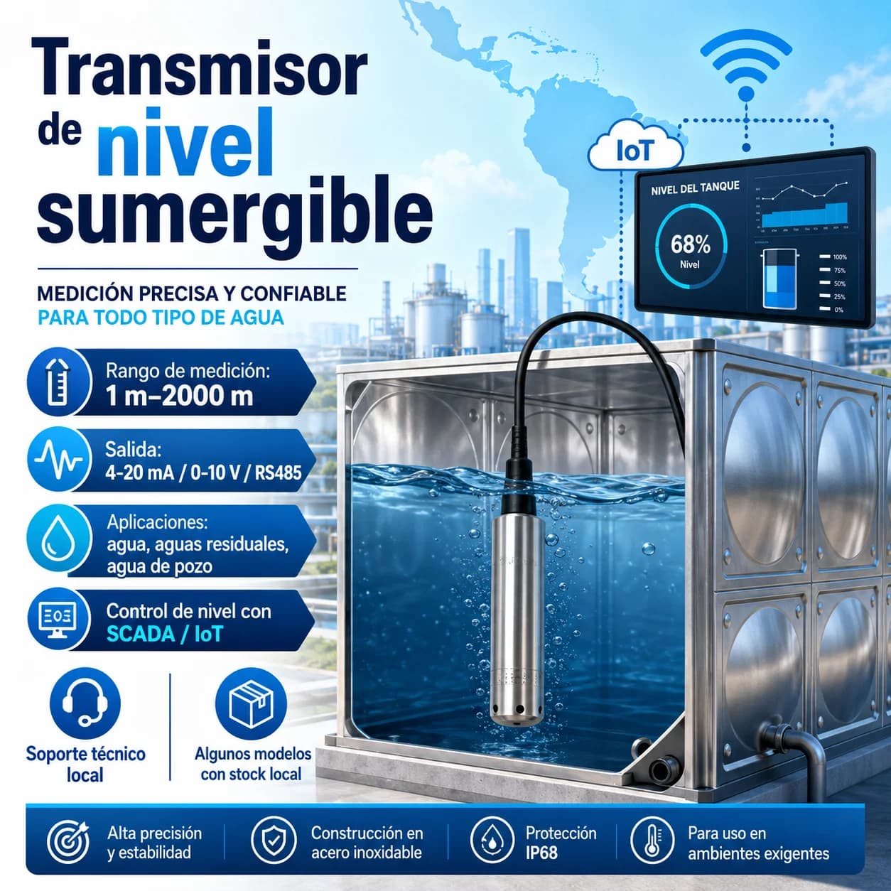 Submersible Level Transmitter 4-20mA IP68 Hydrostatic Water Level Sensor RS485 Modbus RTU 0-10V for IoT Tank Well Pump Control