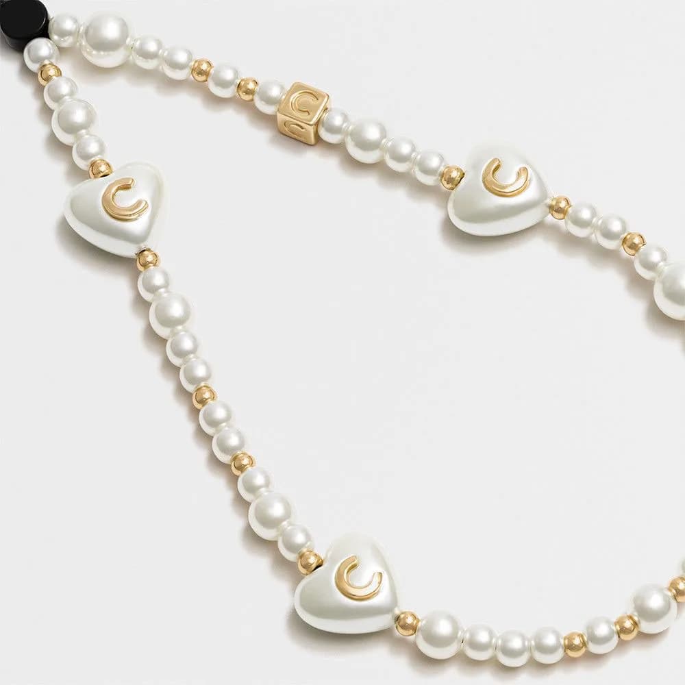 Champagne Gold Heart Pearl Beads Universal Phone Charm Straps Short Lanyard Phone Hanging Chain