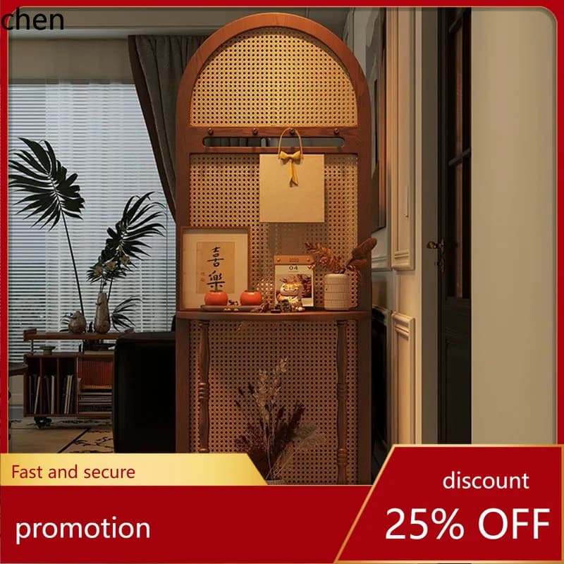 ZML Vintage Solid Wood Rattan Screen Partition for Home Living Room, Entryway, Decorative Shelf, Multifunctional Screen