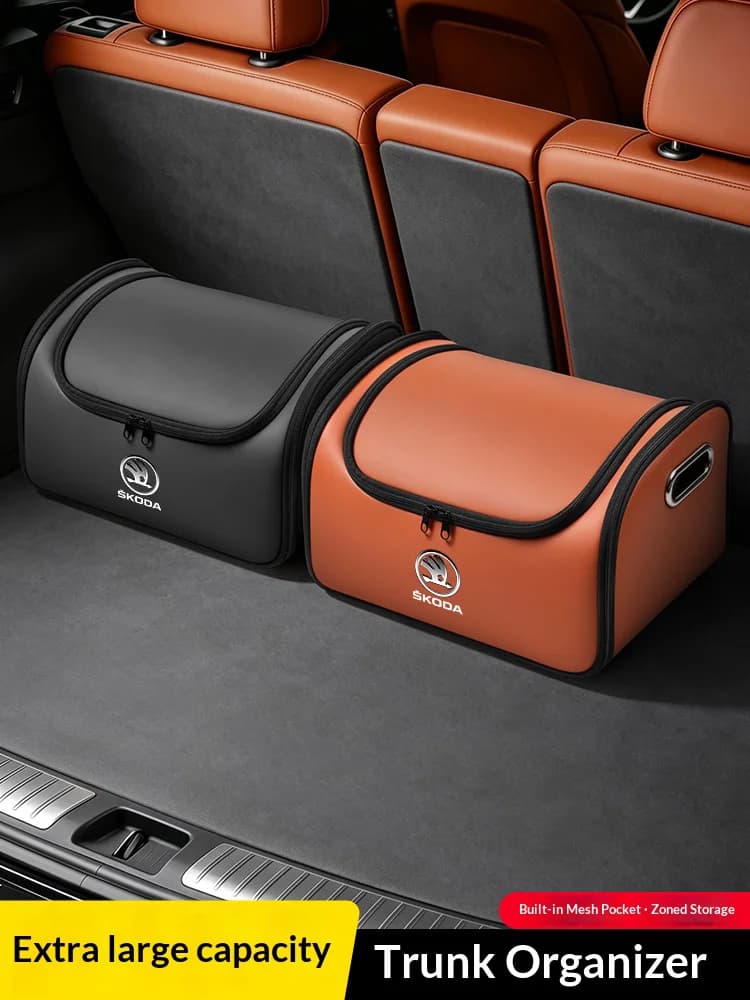 For Skoda VRS Superb Scala Octavia Kodiaq KAROQ Kamiq Fabia Car Leather Trunk Storage Box Tailbox Folding Storage Organizer Bag