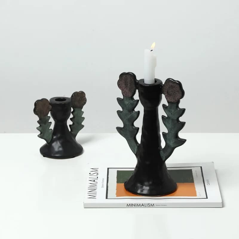 Wabi Sabi retro hand-painted double flower ceramic candlestick hotel exhibition hall entrance dining table bookcase