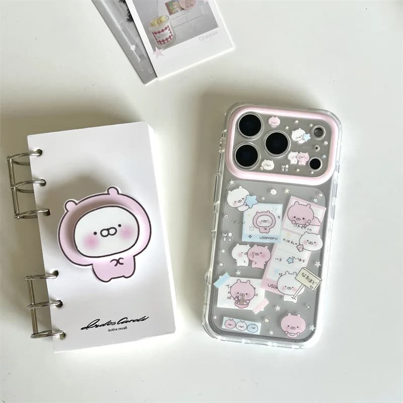 Fashion iPhone case Cute Pink Character Print Clear Phone Case With Stand For IPhone 17 16 15 Pro Max Shockproof Protective Cove